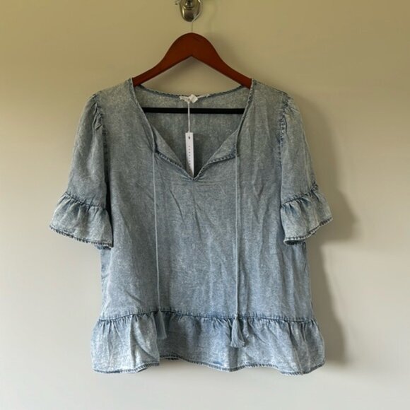 Jane + Delancey Women Blue Short Ruffled Sleeves Washed Denim Top Size Large - Picture 1 of 11